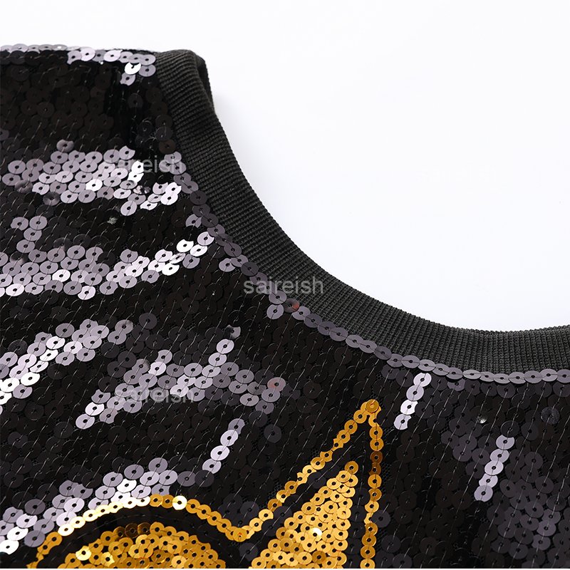 Saireish Custom Fleur De Lis Black And Gold Football Sequin Jersey Casual Dresses With Fringe