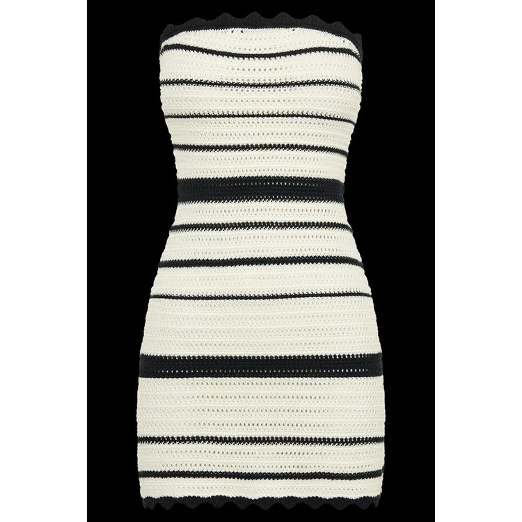 Striped knitted pleated embellishments mini women's dress, summer clothing manufacturer customized women's elegant casual dress