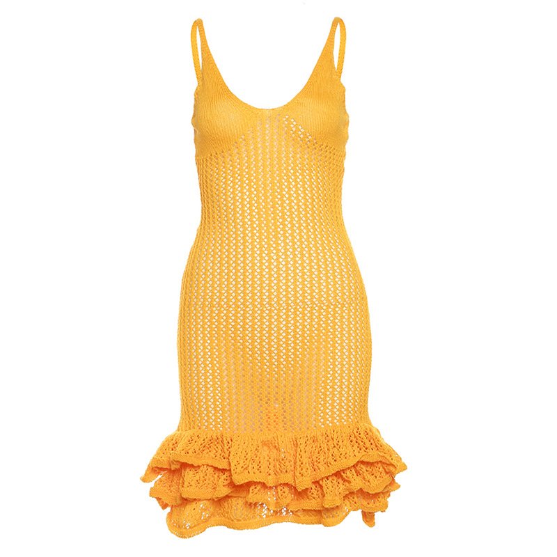 Knit Ruffles Dress Elegant Ladies Streetwear Dresses Women Casual Solid Sleeveless Ruffles Mini Party Casual Dress