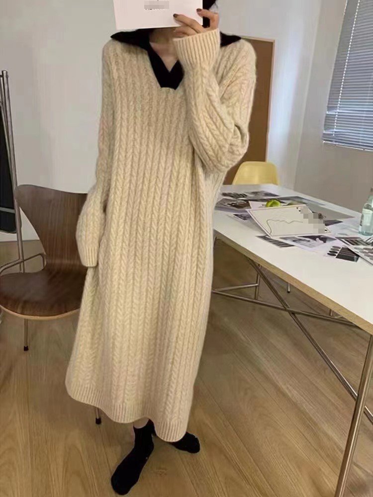 2022 Autumn And Winter New Lapel Large Size Women's Sheath Knit Style Sweater Dress