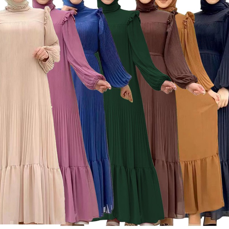 2024 New Design Beautiful Islamic Clothing Middle East Muslim Elegant Pleated Solid Color Hemcrew crew neck Long Dresses