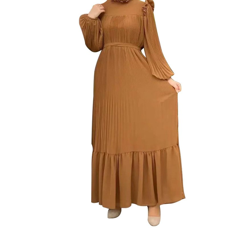 2024 New Design Beautiful Islamic Clothing Middle East Muslim Elegant Pleated Solid Color Hemcrew crew neck Long Dresses