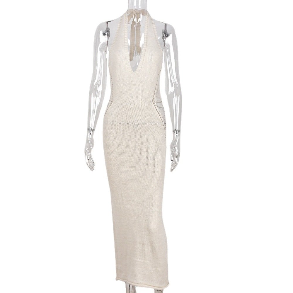 Wholesale Sexy Summer Halter Hollow Out Deep V Neck Dress Casual Sleeveless Backless Long Dresses Women