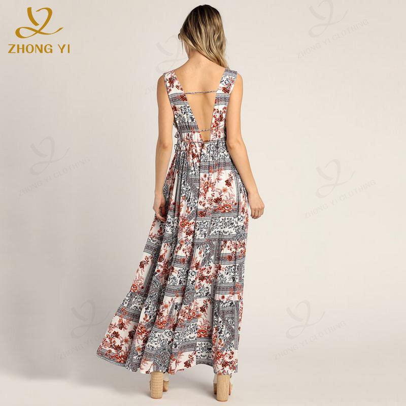 Floral Print Dress Custom Women Summer Elegant Ruffle V-Neck Backless Long Loose Casual Dress Manufacturers For Customs Clothes