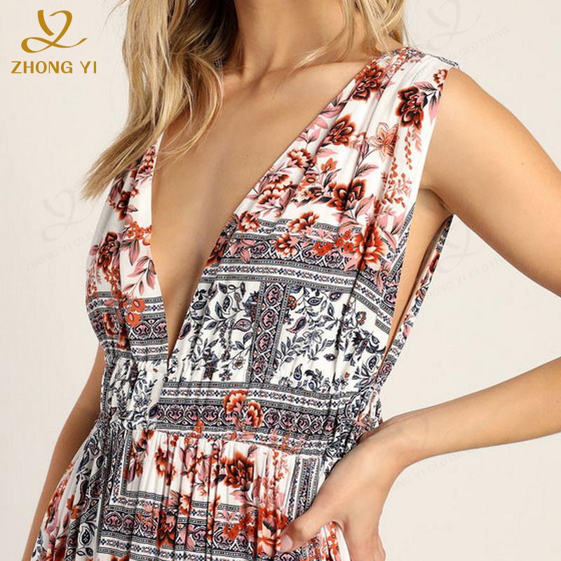 Floral Print Dress Custom Women Summer Elegant Ruffle V-Neck Backless Long Loose Casual Dress Manufacturers For Customs Clothes