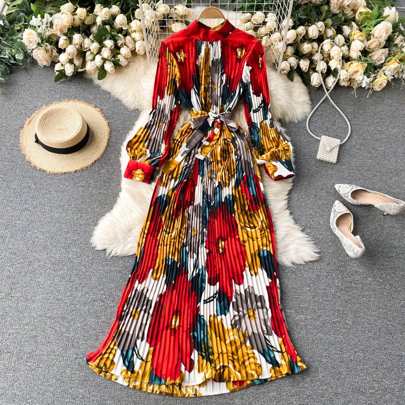 Daily Elegant Pleated Long Dress Woman Clothing Cuffs Tightened Tie Waist Back Hollow Out Pleated Casual Dress