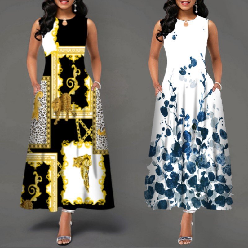 Linda Fashion Summer Ladies Sleeveless Long Plus Size Women Office Positioning Print Swing Skirt Bohemian Retro Casual Dresses
