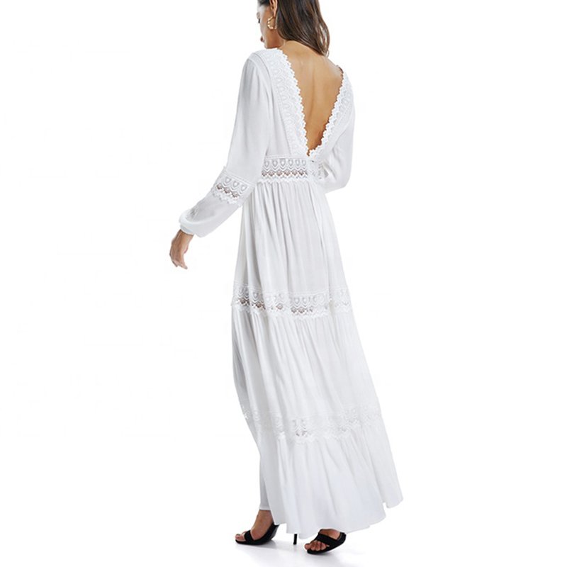 Fashion Design Bohemia Style Women White Cotton Long Sleeve Maxi Dress