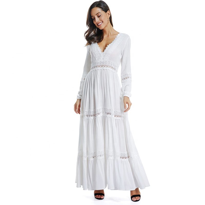 Fashion Design Bohemia Style Women White Cotton Long Sleeve Maxi Dress