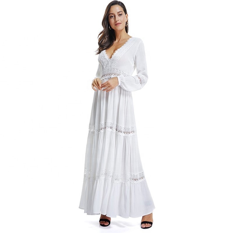 Fashion Design Bohemia Style Women White Cotton Long Sleeve Maxi Dress