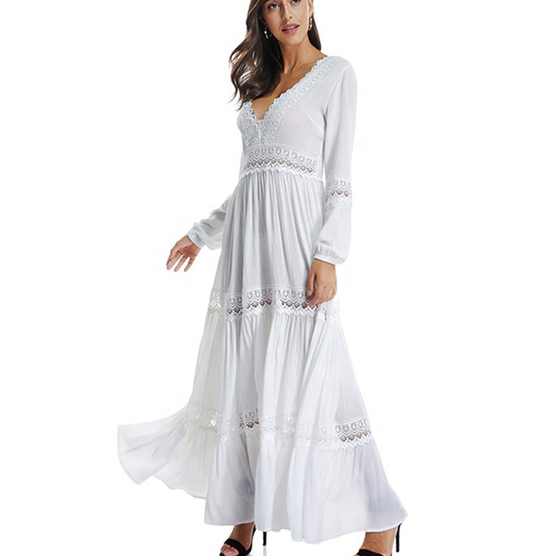 Fashion Design Bohemia Style Women White Cotton Long Sleeve Maxi Dress
