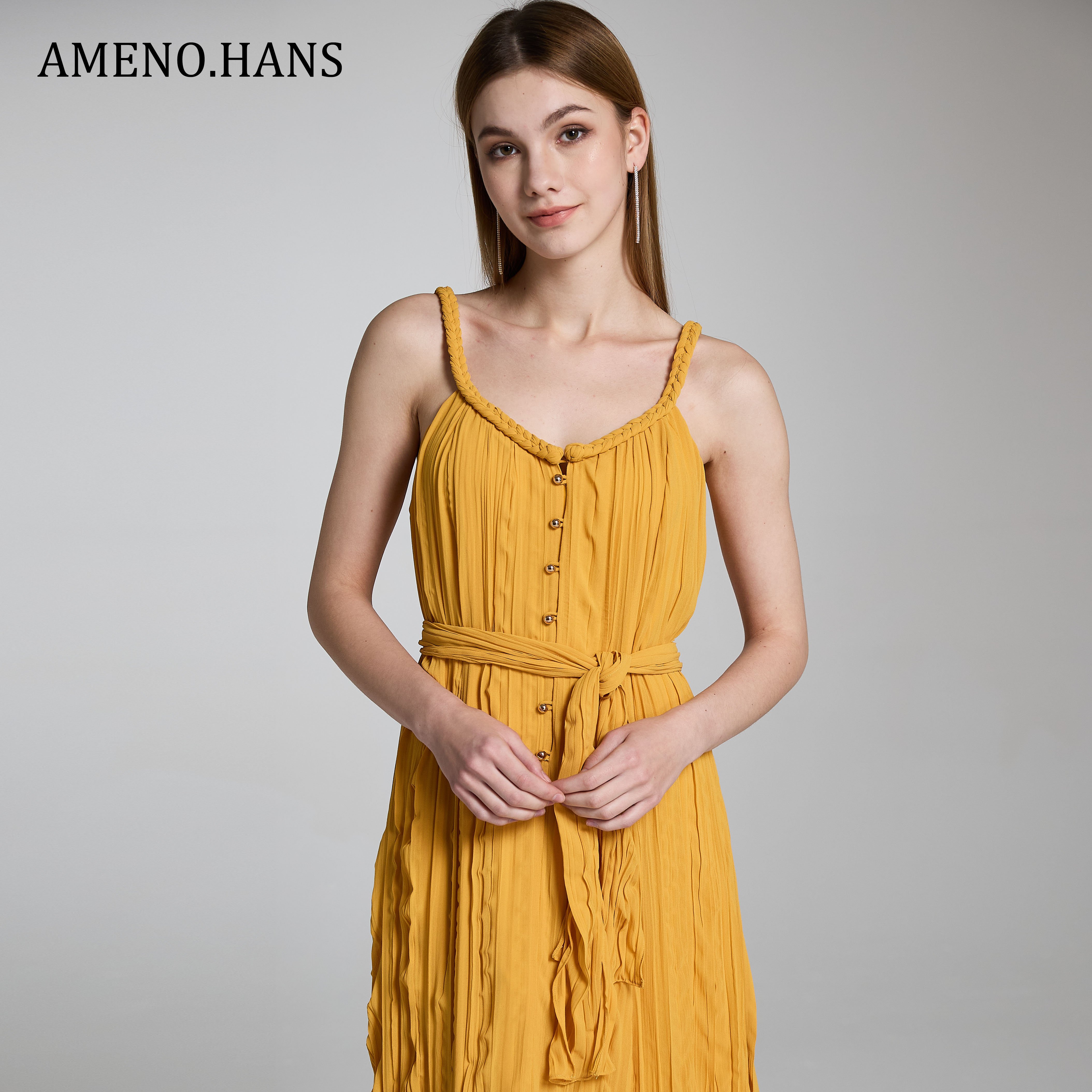 High-quality Women Chiffon Sling Long Vacation Dress V-neck Women Casual Dress With Belt
