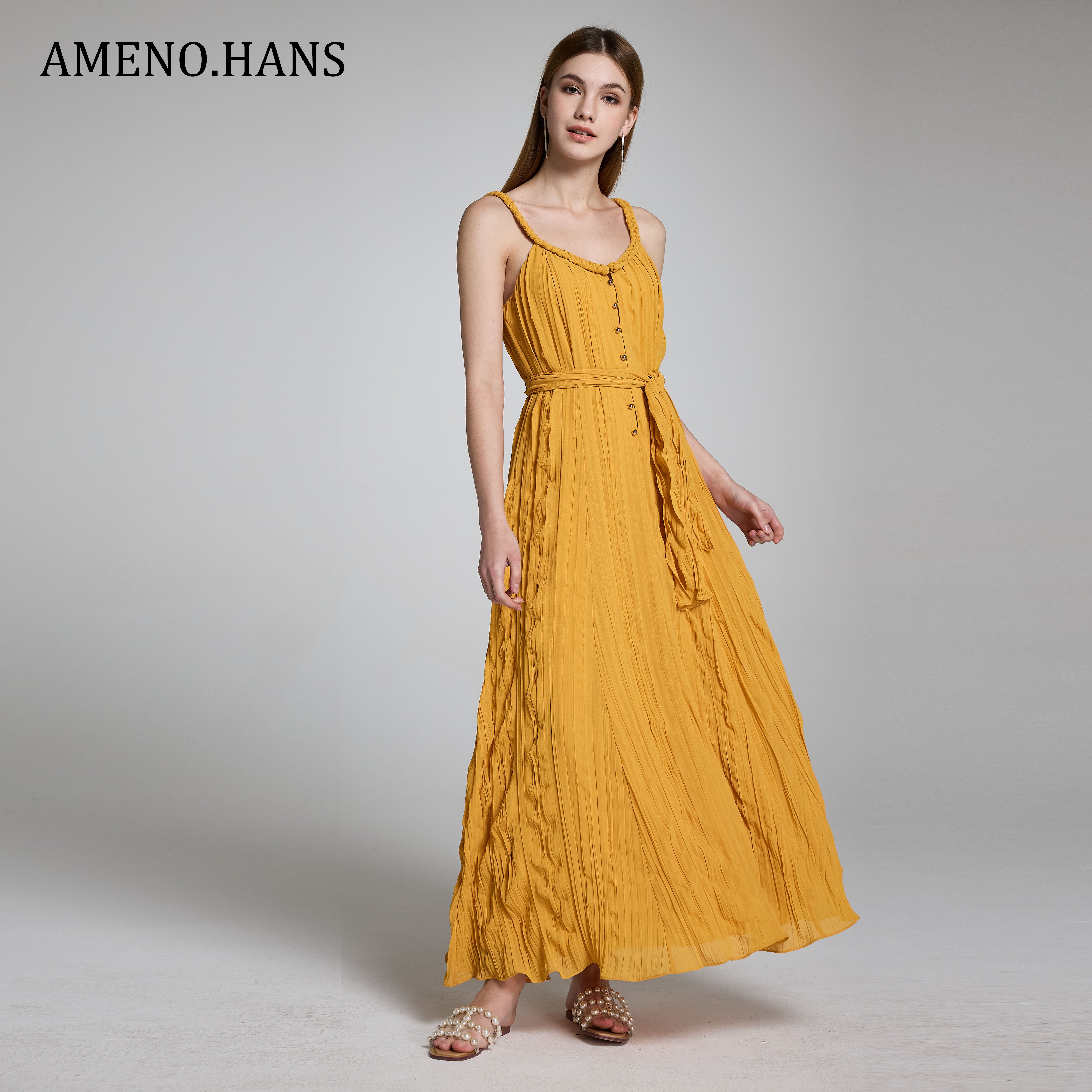 High-quality Women Chiffon Sling Long Vacation Dress V-neck Women Casual Dress With Belt