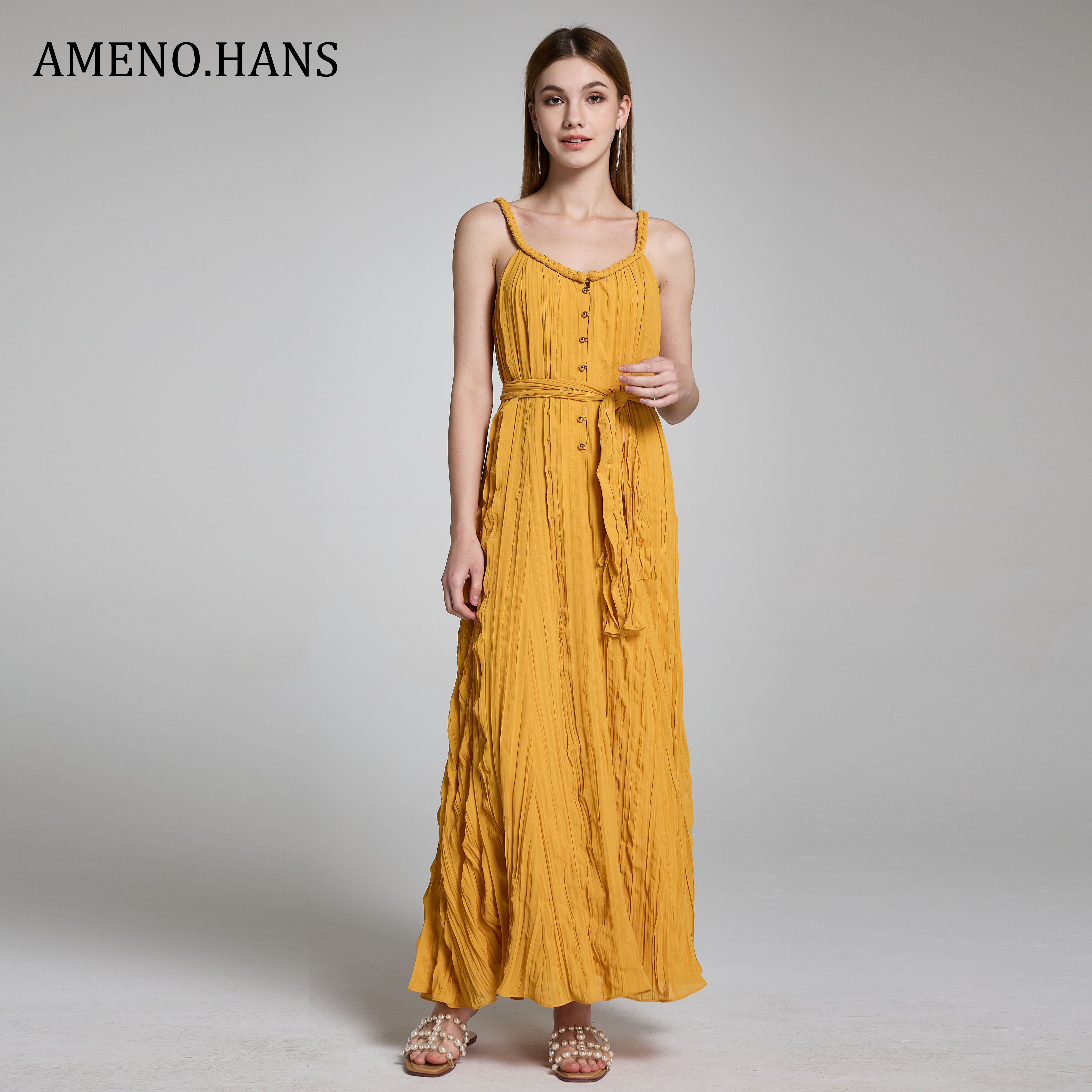 High-quality Women Chiffon Sling Long Vacation Dress V-neck Women Casual Dress With Belt