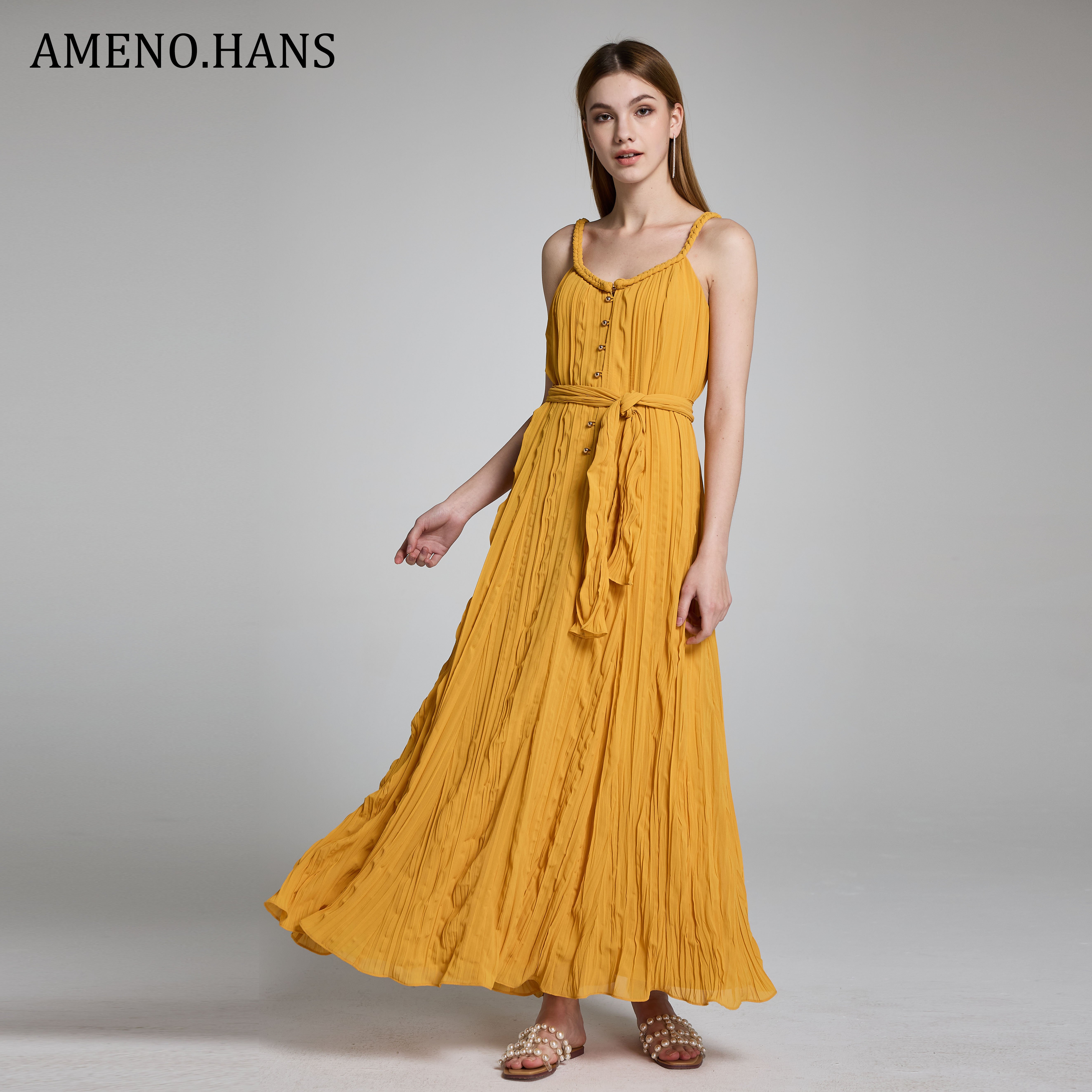 High-quality Women Chiffon Sling Long Vacation Dress V-neck Women Casual Dress With Belt