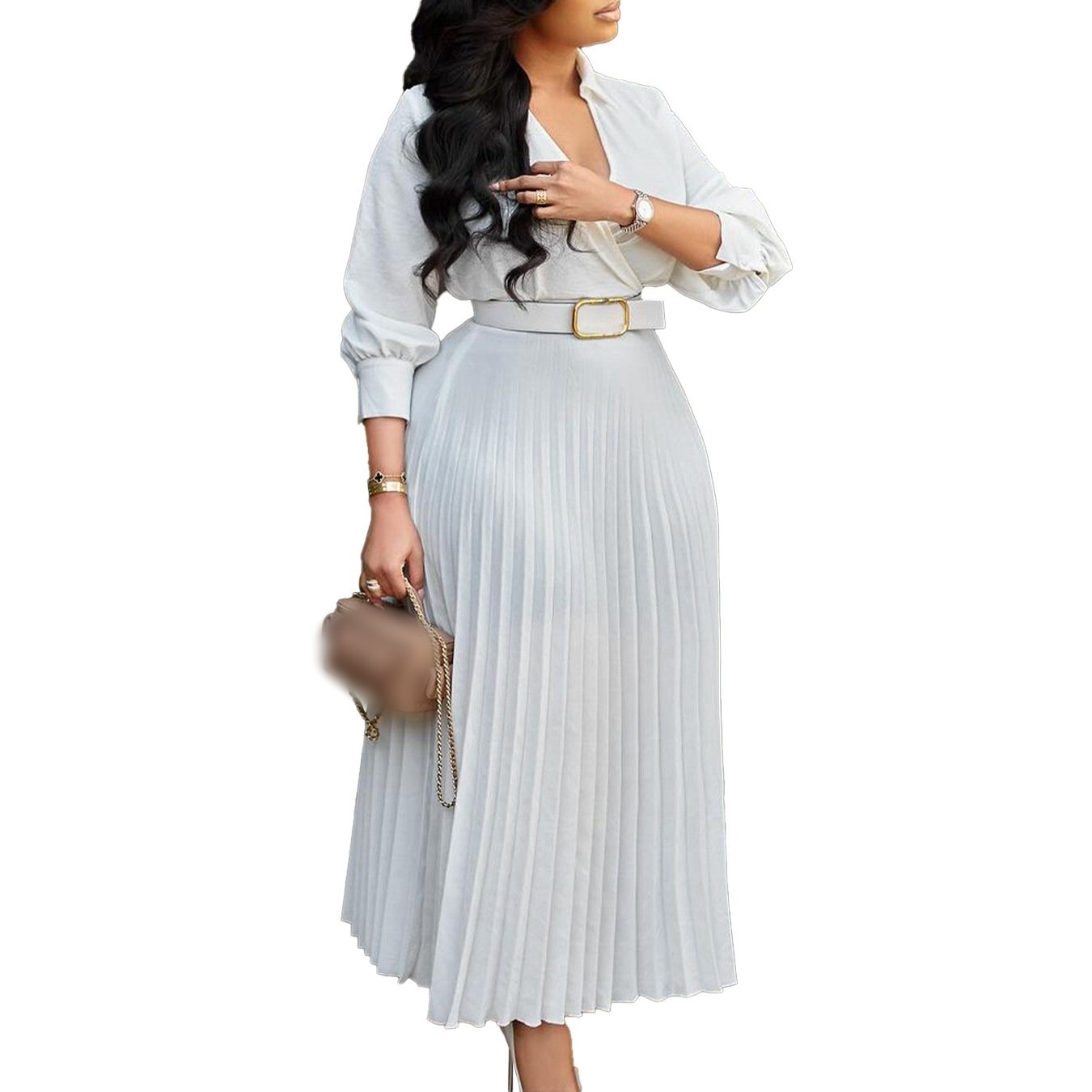 D472 Trendy Spring Dresses Women Lady Elegant Solid Color Long Sleeve V-neck Pleated Dress Elegant Casual Dresses With Belt