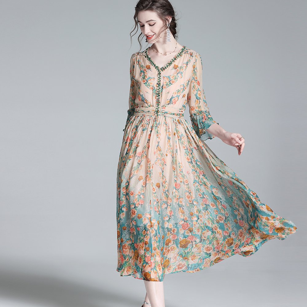 Haute couture retro dress 100% mulberry silk dress women printed floral casual dresses