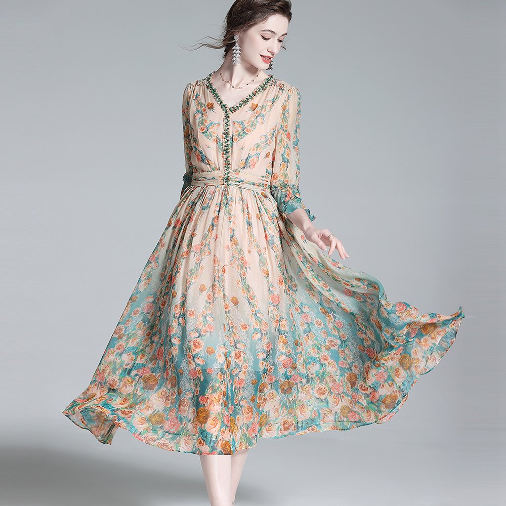 Haute couture retro dress 100% mulberry silk dress women printed floral casual dresses