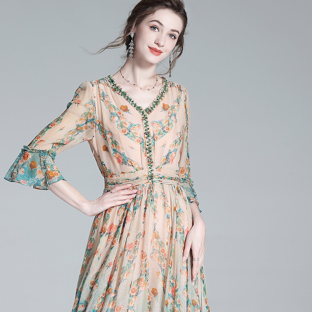 Haute couture retro dress 100% mulberry silk dress women printed floral casual dresses