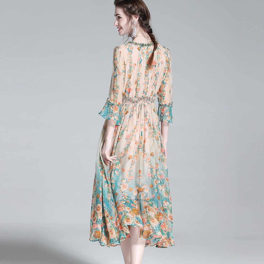 Haute couture retro dress 100% mulberry silk dress women printed floral casual dresses