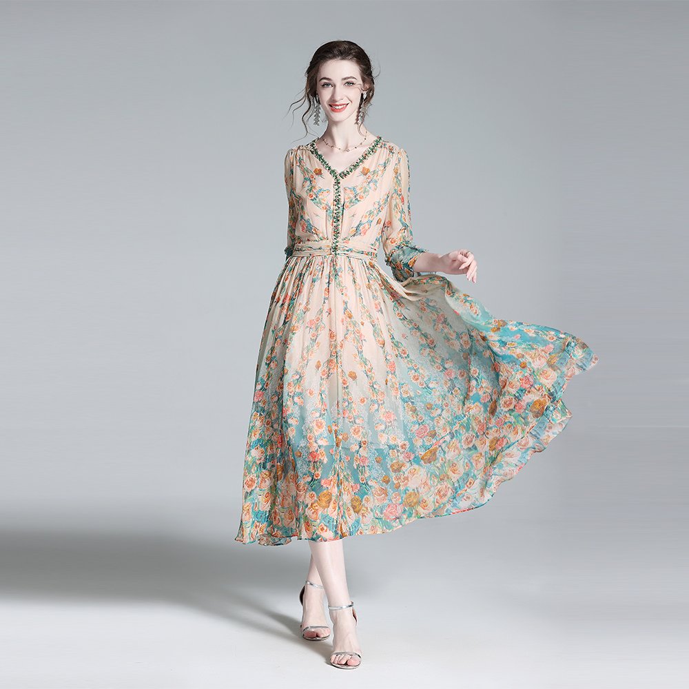 Haute couture retro dress 100% mulberry silk dress women printed floral casual dresses