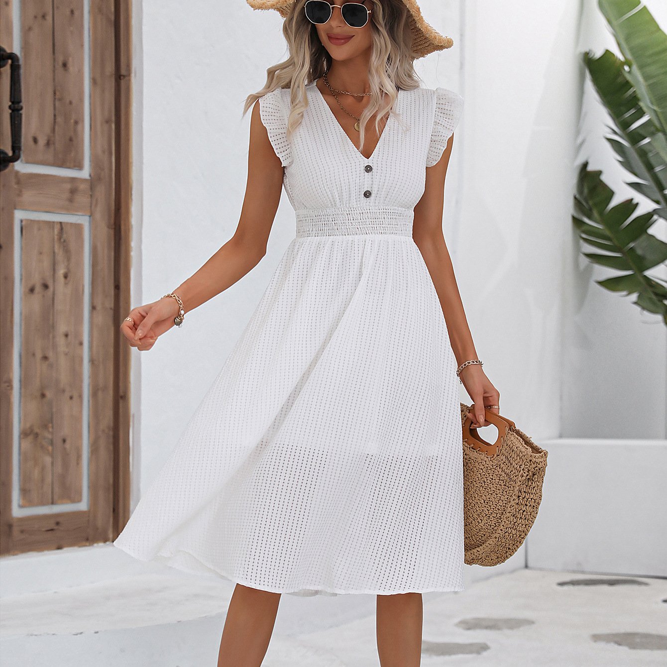 Custom Polyester Hollow Out Midi V Neck Button Dress Solid Color Summer Cap Short Sleeve Pleated Casual Woman Dresses White Lace