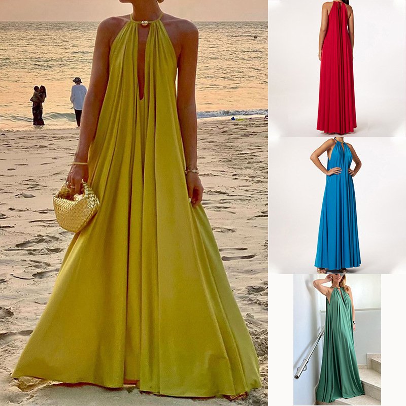 Fashion New Summer Women Elegant Hanging Neck Sleeveless Loose Beach dresses Ladies Vacation Wear Women Casual Dresses