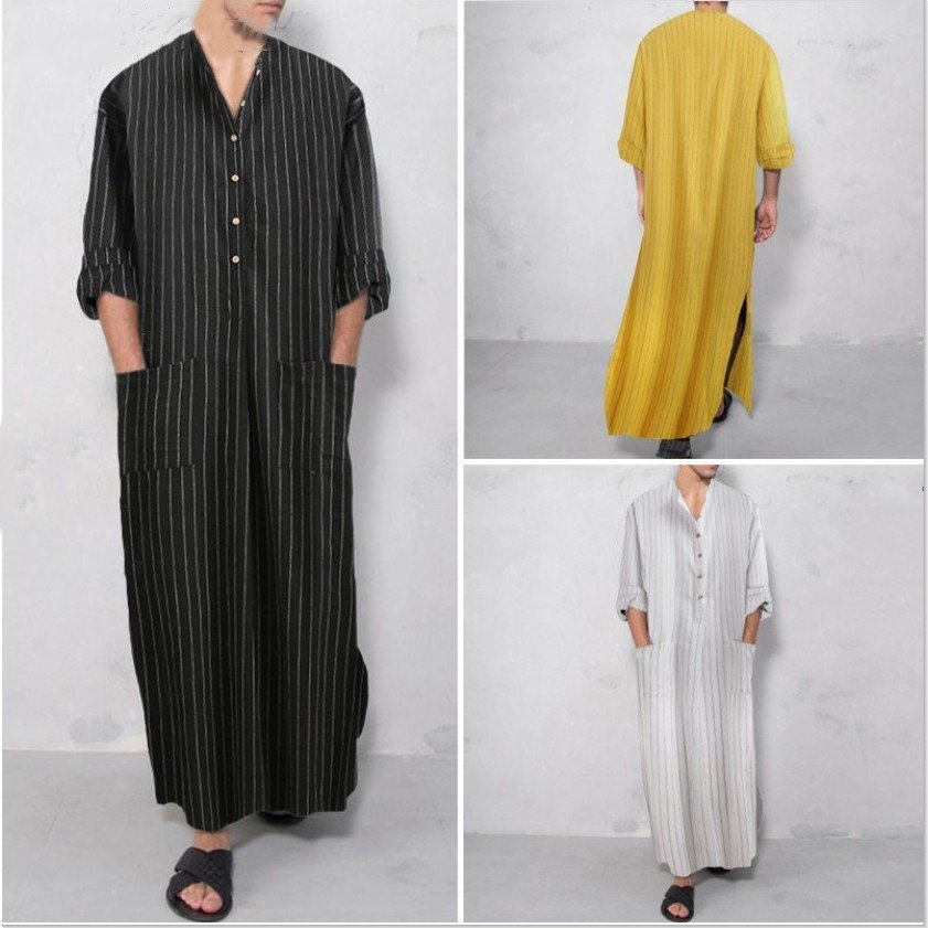 Men's Muslim Striped Robe Button Up Long Sleeve V Neck Shirt Middle East Kaftan Thobe Dubai Islamic Abaya Dress Kaftan Robe