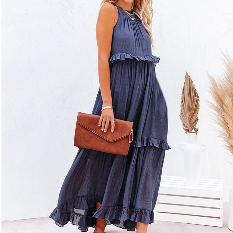 MIO New Summer Plain Color Ruffle Long Maxi Dress For Girls Vacation Style Sleeveless Halter Neck Casual Women Beach Dress