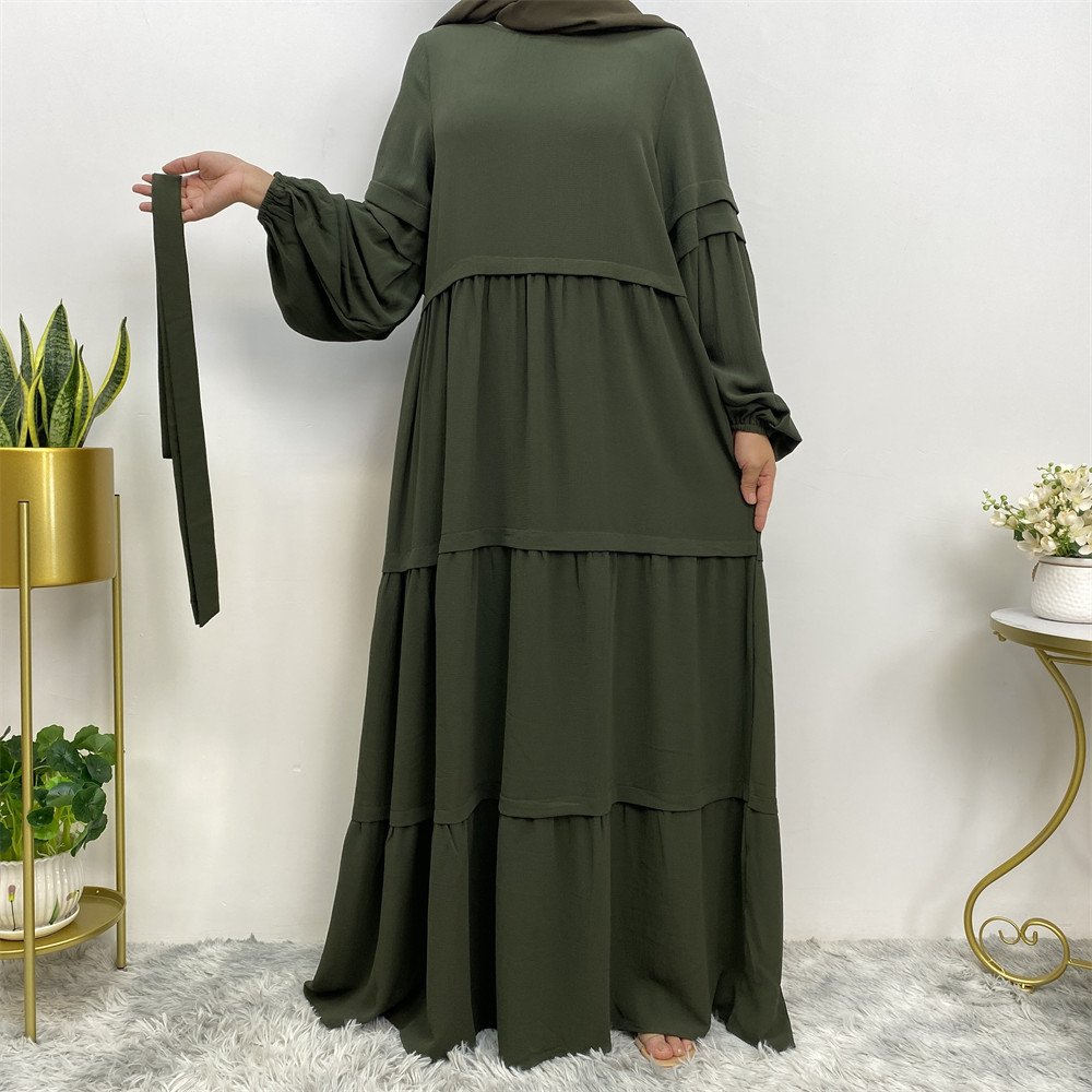 6420# Muslim Dress Solid Color Stitching Pleated Elastic Cuff Loose Big Bottom Crew Neck Casual Daily Women Dress