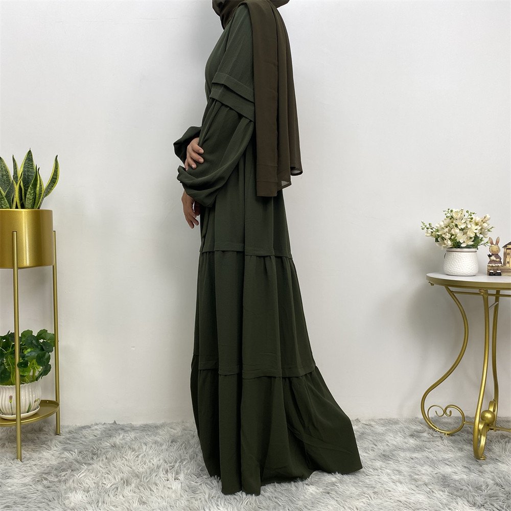 6420# Muslim Dress Solid Color Stitching Pleated Elastic Cuff Loose Big Bottom Crew Neck Casual Daily Women Dress