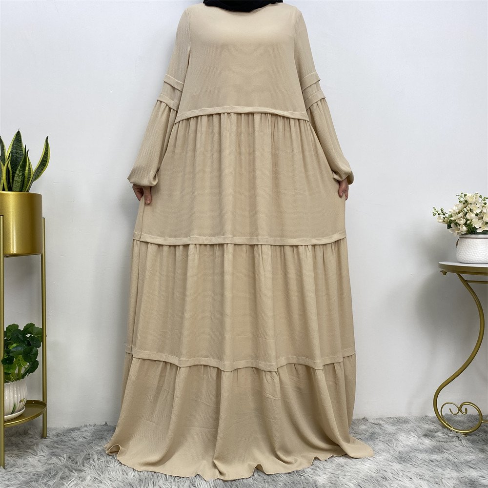6420# Muslim Dress Solid Color Stitching Pleated Elastic Cuff Loose Big Bottom Crew Neck Casual Daily Women Dress