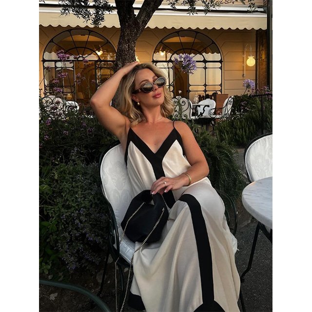 2024 Spring/summer New Women's Fashion Color Matching Strap Group Medium Long Holiday Wind Plus-Size Dress
