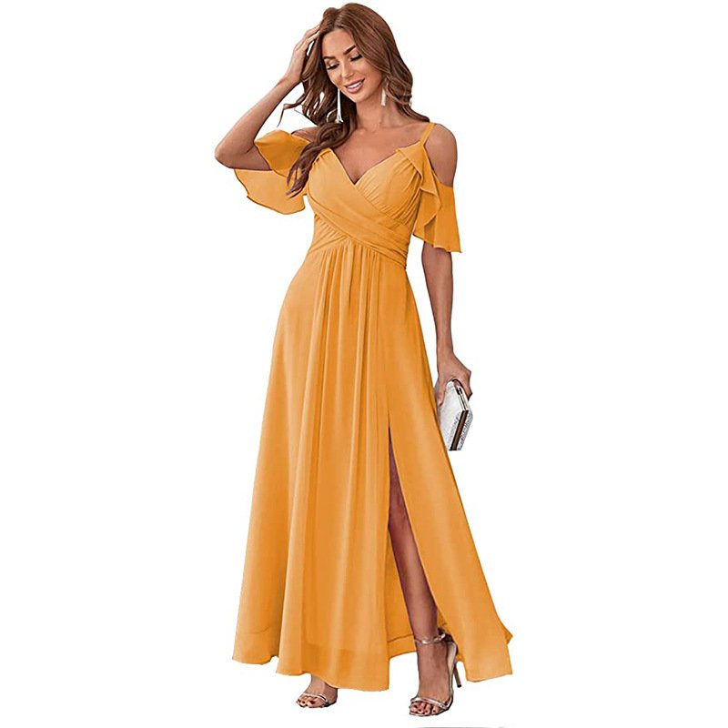 Best Selling Summer V-neck Dropped Shoulder Sleeves A Swing Dress Slit Elastic High Waist Prom Dress