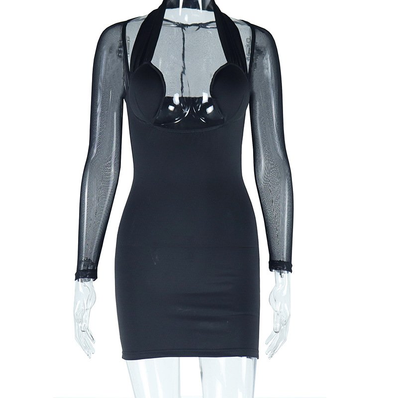 J35039 - fashion mesh long sleeve see through solid color halter sexy bodycon short dresses women