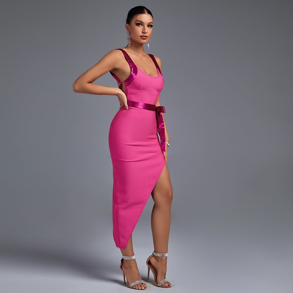 High Quality Summer Asymmetrical Casual Dresses Sleeveless Backless Elegant Women Slim Belted Long Dress
