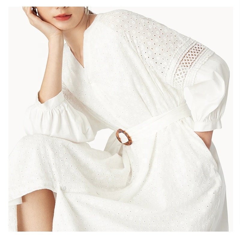Custom latest design women casual white v neck long sleeve embroidery eyelet fabric tunic dresses