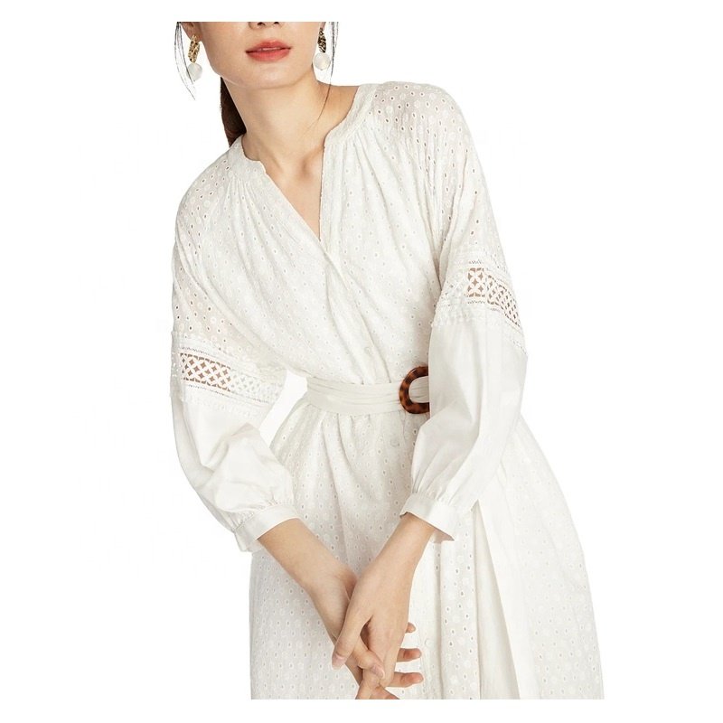 Custom latest design women casual white v neck long sleeve embroidery eyelet fabric tunic dresses
