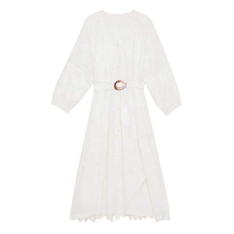 Custom latest design women casual white v neck long sleeve embroidery eyelet fabric tunic dresses
