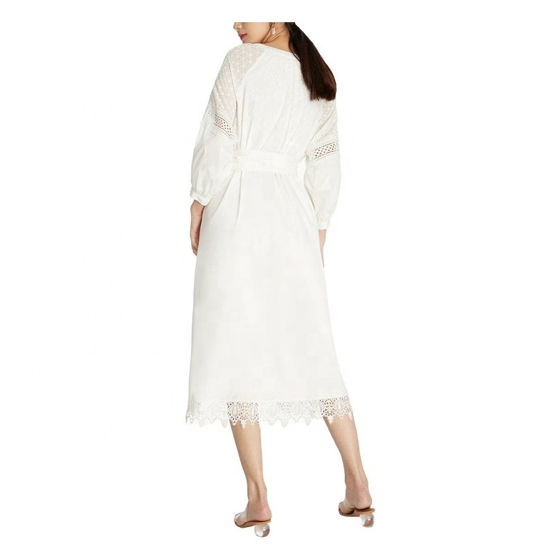 Custom latest design women casual white v neck long sleeve embroidery eyelet fabric tunic dresses