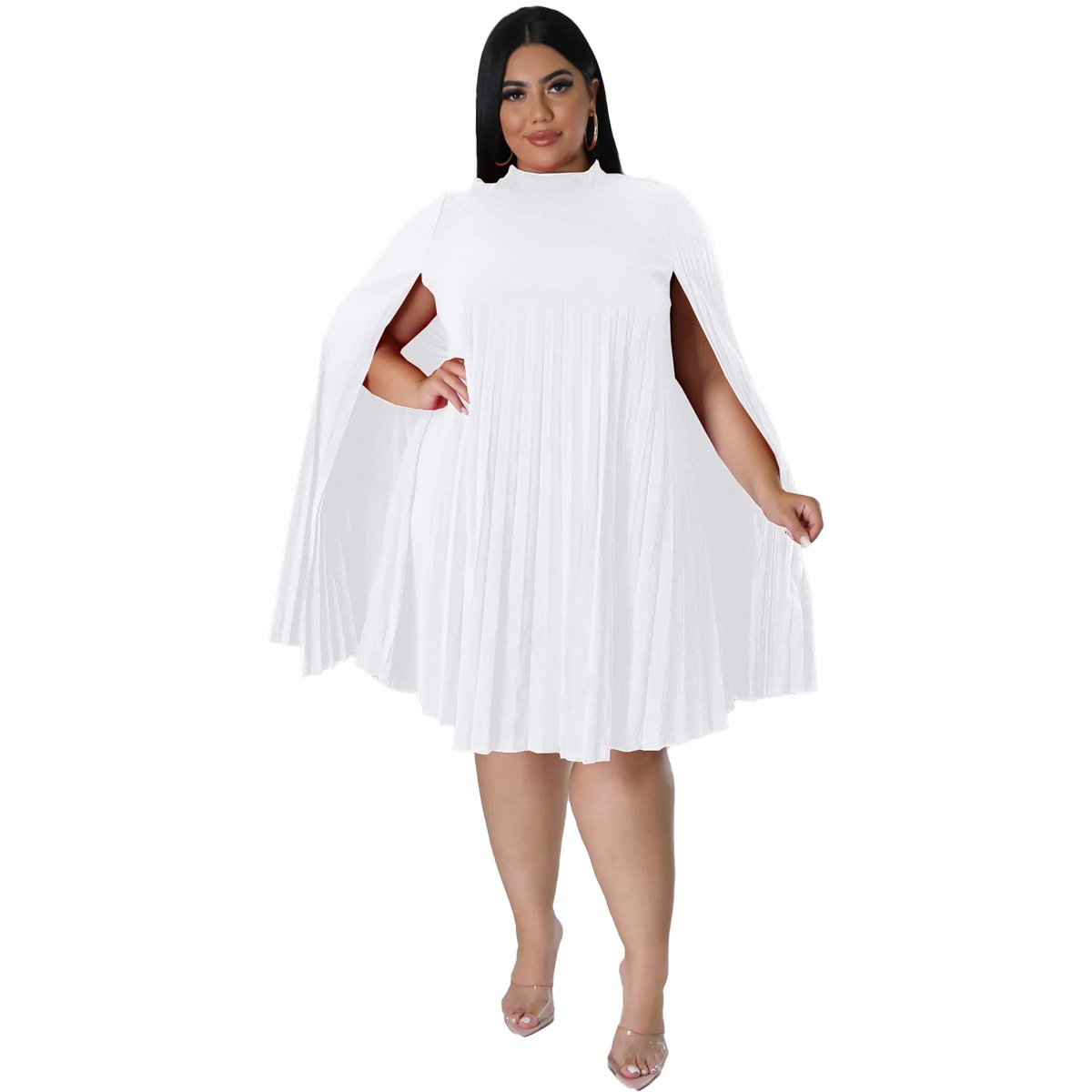 Fashionable women's clothing ladies elegant temperament casual dress versatile loose solid color plus size pleated women dresses