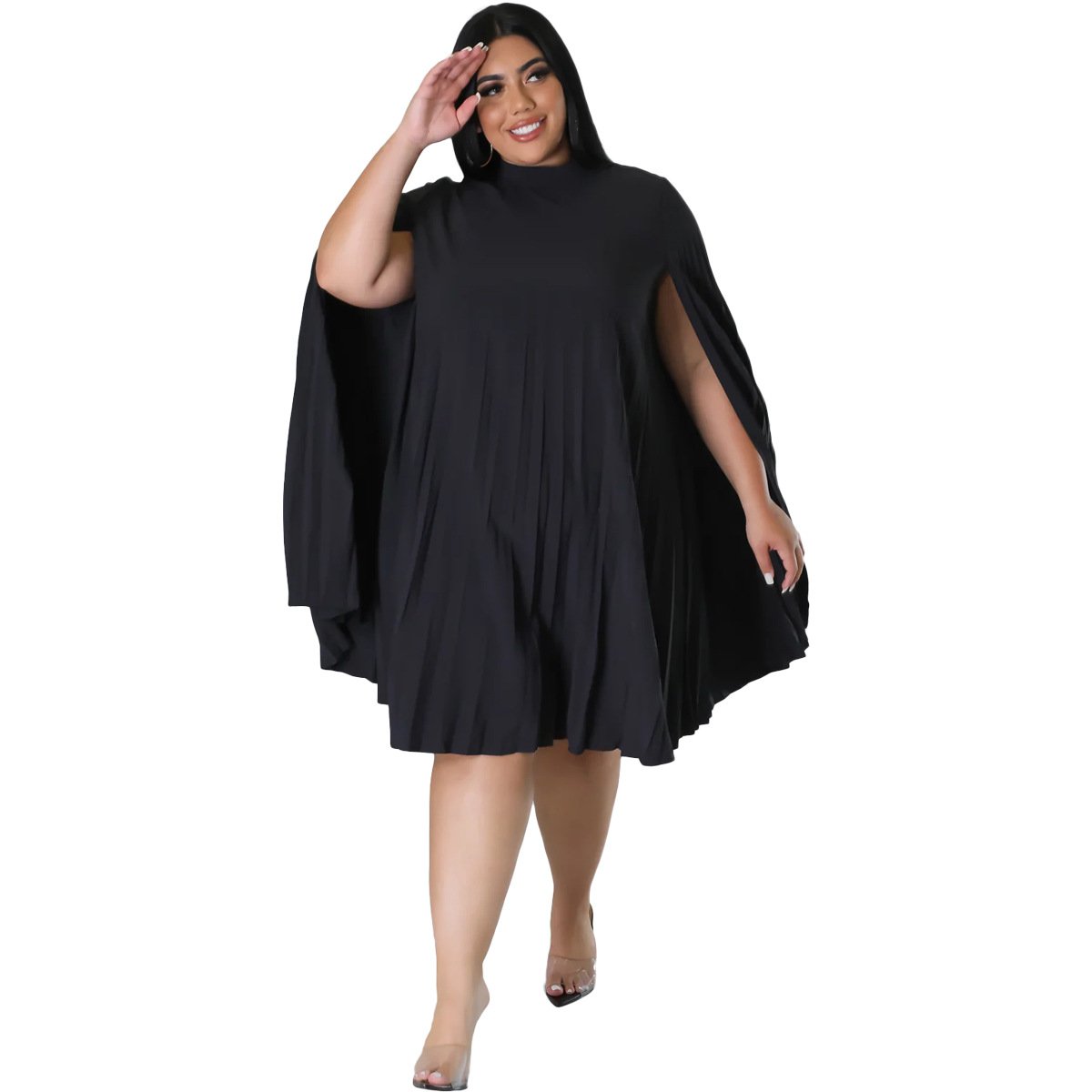 Fashionable women's clothing ladies elegant temperament casual dress versatile loose solid color plus size pleated women dresses