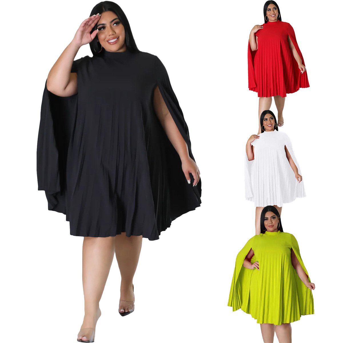 Fashionable women's clothing ladies elegant temperament casual dress versatile loose solid color plus size pleated women dresses