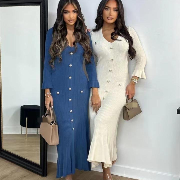 2024 Autumn/Winter New Women Fashion Long Skirt Slim Fit Long sleeves V Neck Button Decorated Knitted Midi Sweater Dresses