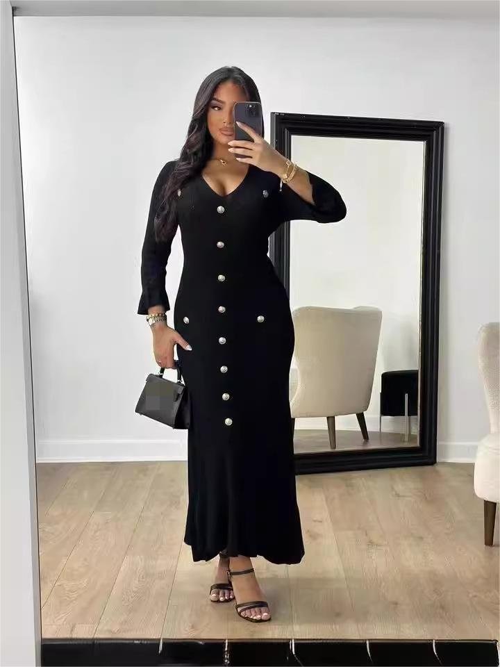 2024 Autumn/Winter New Women Fashion Long Skirt Slim Fit Long sleeves V Neck Button Decorated Knitted Midi Sweater Dresses