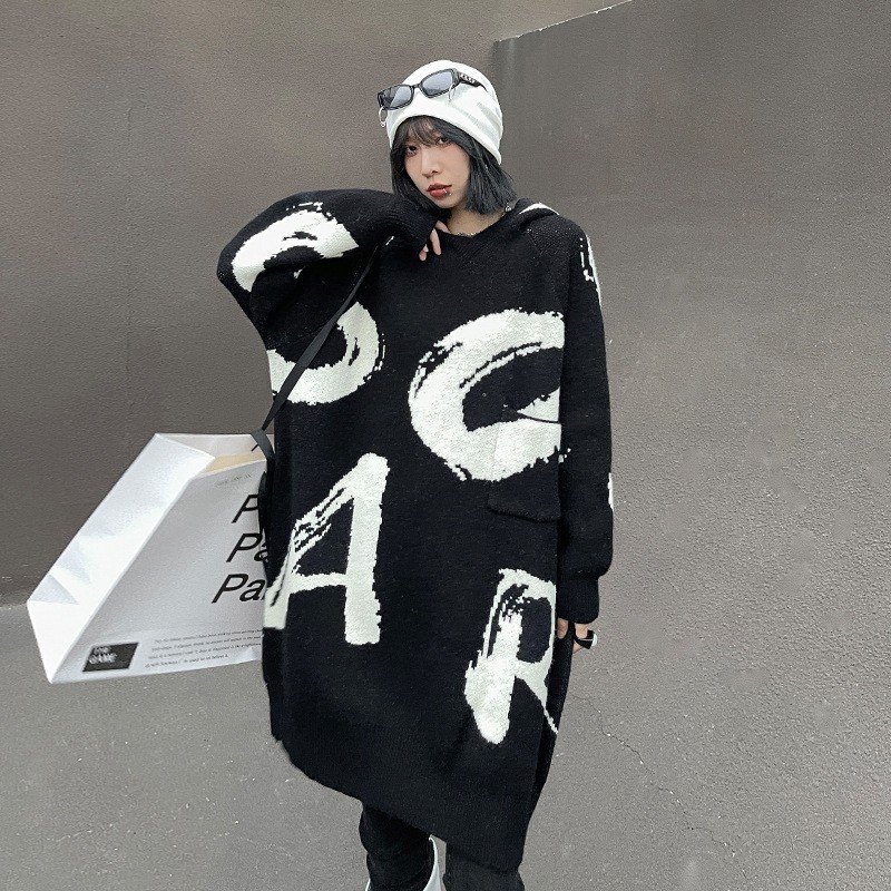 Bettergirl 2024 autumn and winter new style Jacquard thick hooded woolen dress loose casual medium length knitted sweater