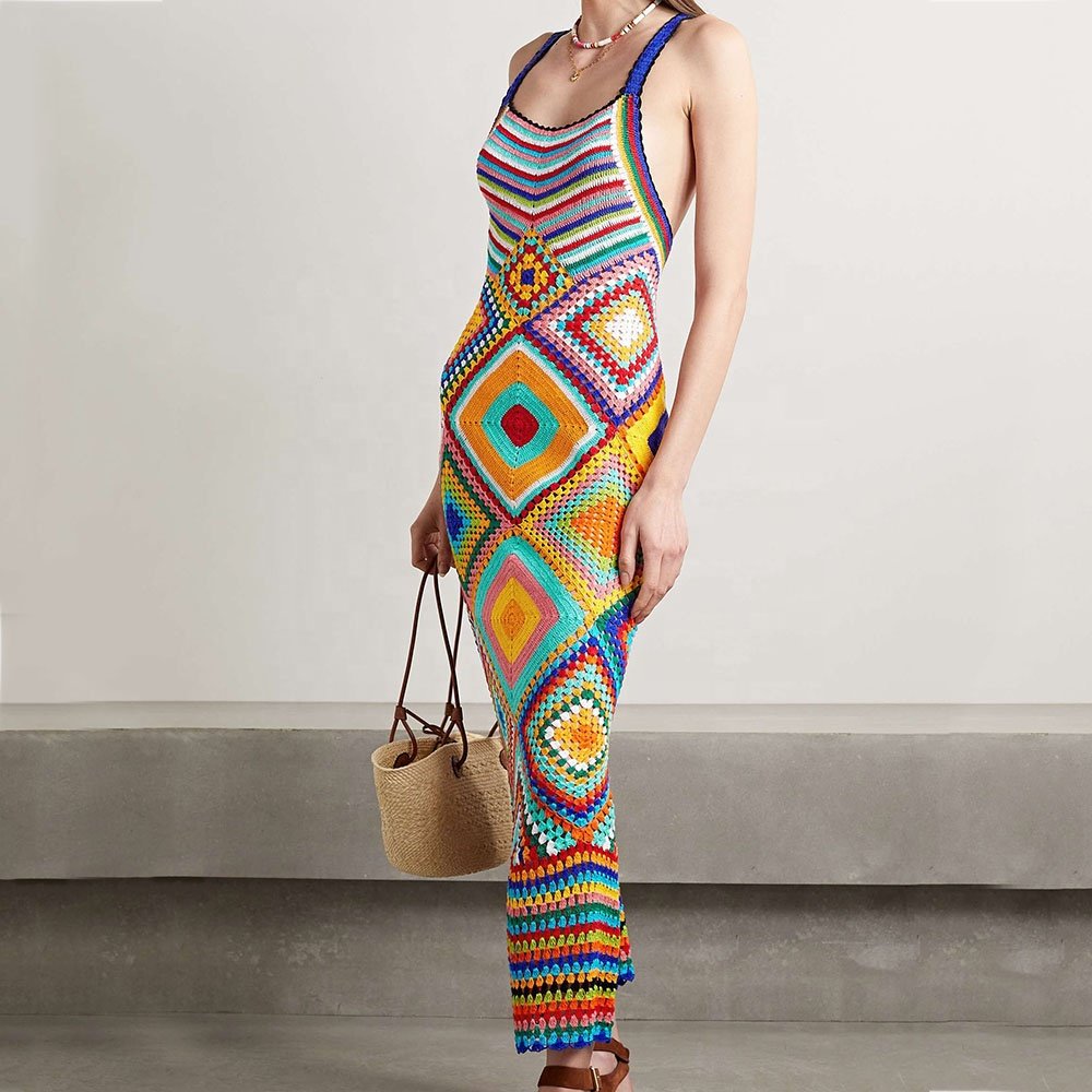Knitwear Custom Summer Cotton Handmade Crochet Dresses Woman Hand Knit Cover Up Beach Sweater Maxi Dress Clothing
