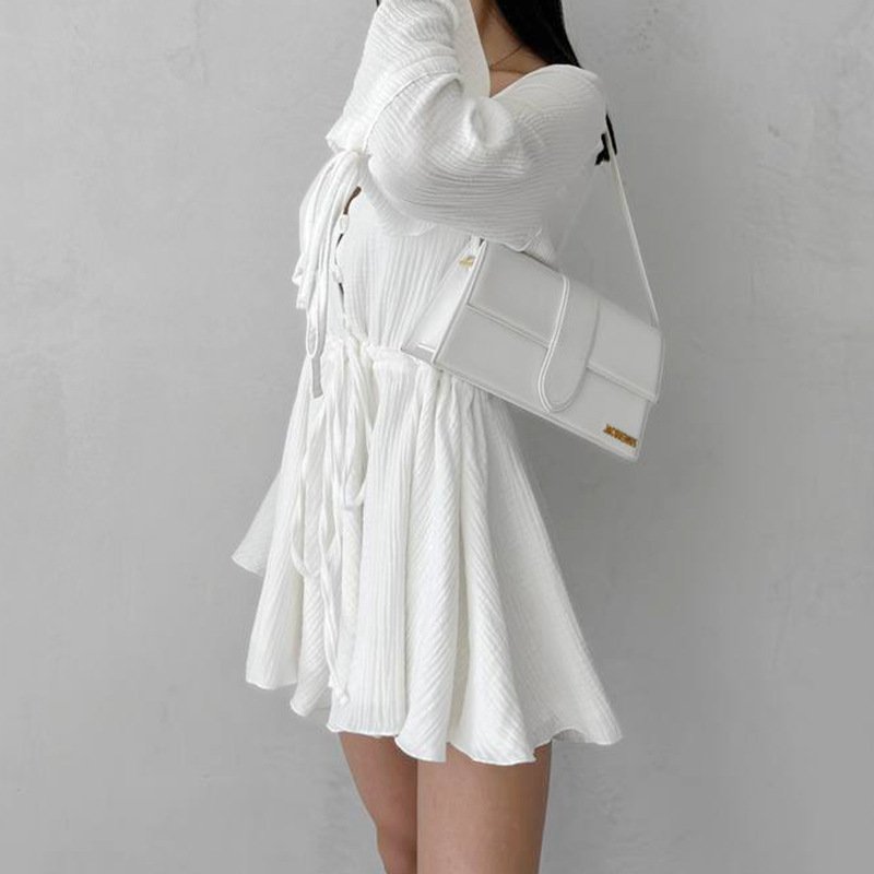 Simple Custom Women's Dresses Tape Girls Dresses Flared Sleeve Outfits Bodycon Double Layer Gauze Cotton Casual Dresses