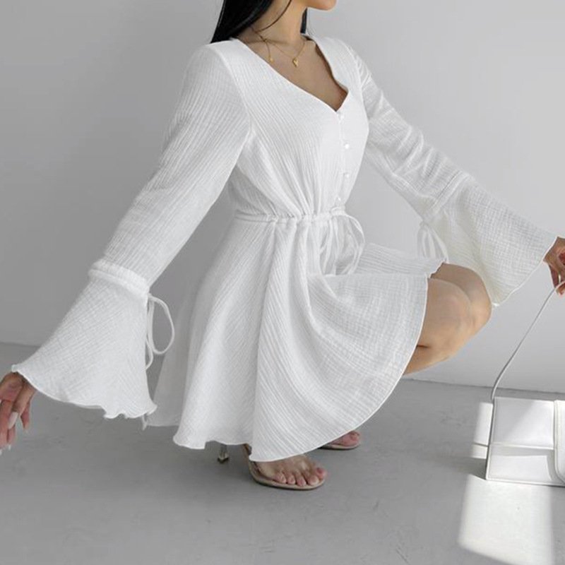 Simple Custom Women's Dresses Tape Girls Dresses Flared Sleeve Outfits Bodycon Double Layer Gauze Cotton Casual Dresses