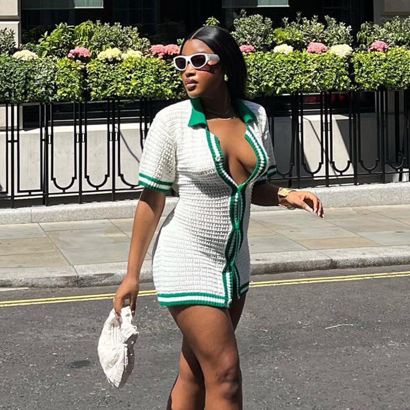 Summer New Fashion Sexy Turn Down Collar Short Sleeve High Waist Slim Mini Dress For Women Casual Dress